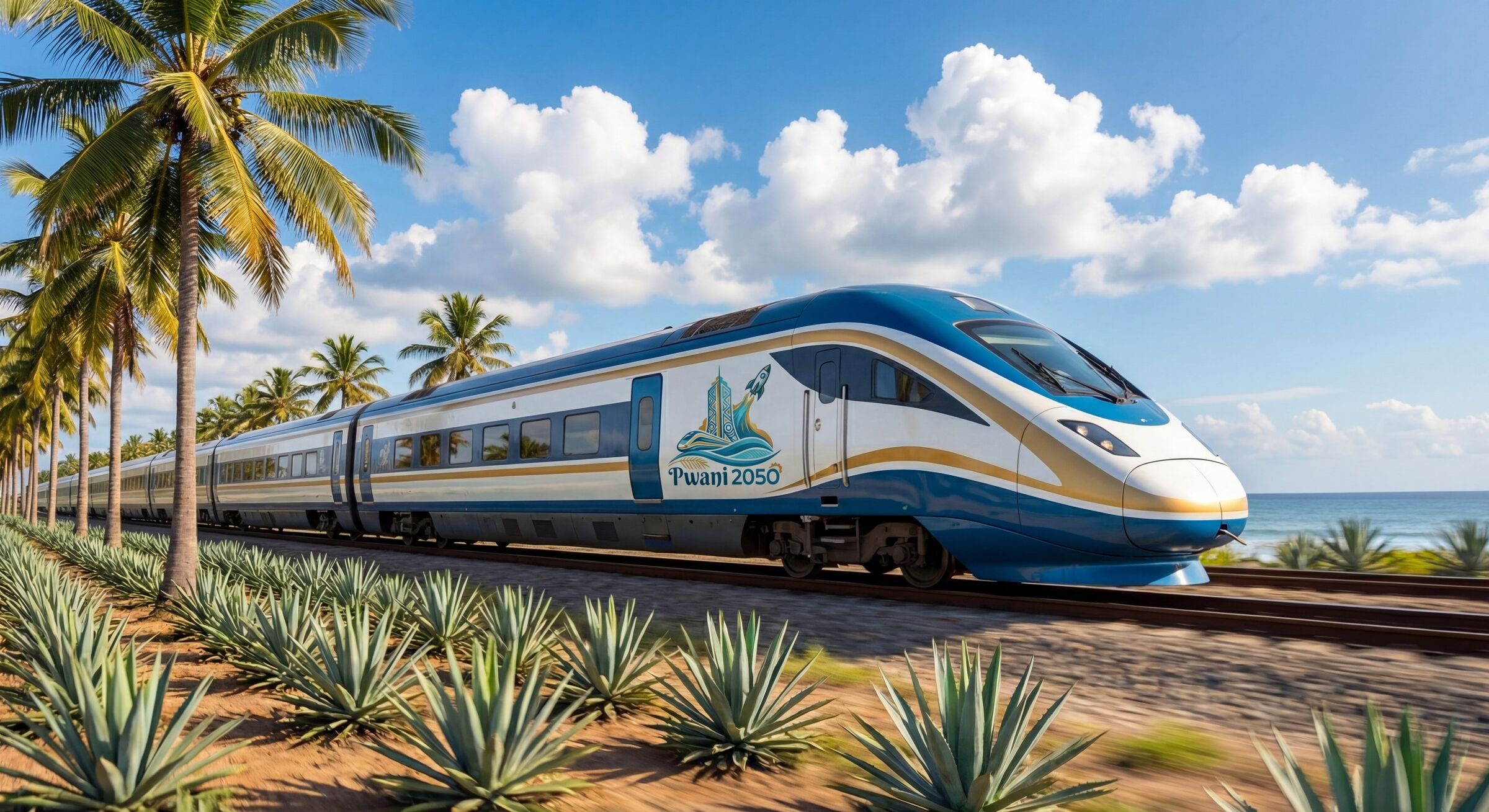 AI-generated concept illustration of a white and blue high-speed train marked Pwani 2050 speeding past palm trees and sisal plants beside the sea under a blue sky